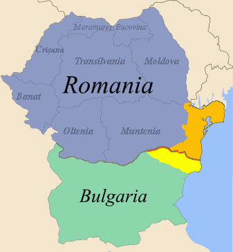 Mapa Rumunska s oranžově zvýrazněnou Severní Dobrudžou, a Bulharska se žlutě zvýrazněnou Jižní Dobrudžou.