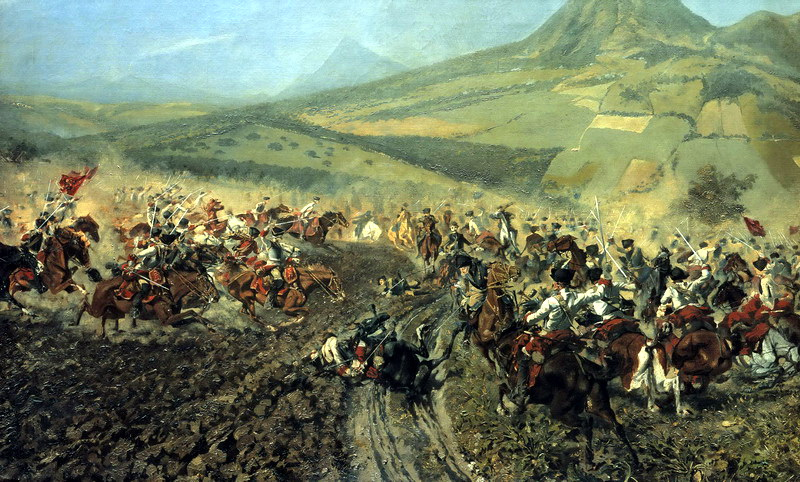 Bitva rakouského a pruského jezdectva pod vrchem Lovoš na obraze Rudolfa Ottenfelda.
