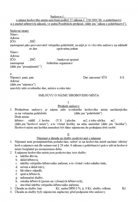 Náhled návrhu textu smlouvy o nájmu hrobového místa 